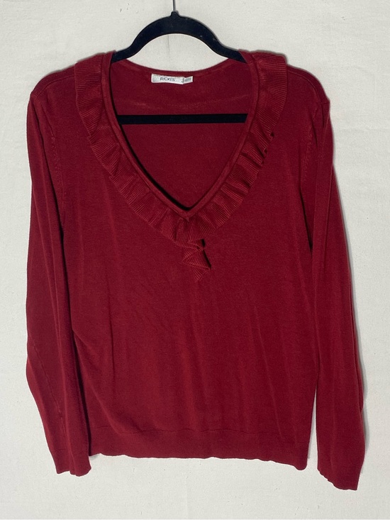 Ricki's Sweaters - Ricki’s Burgundy Red Ruffle V Neck Rayon Blend Knit Sweater Top XL